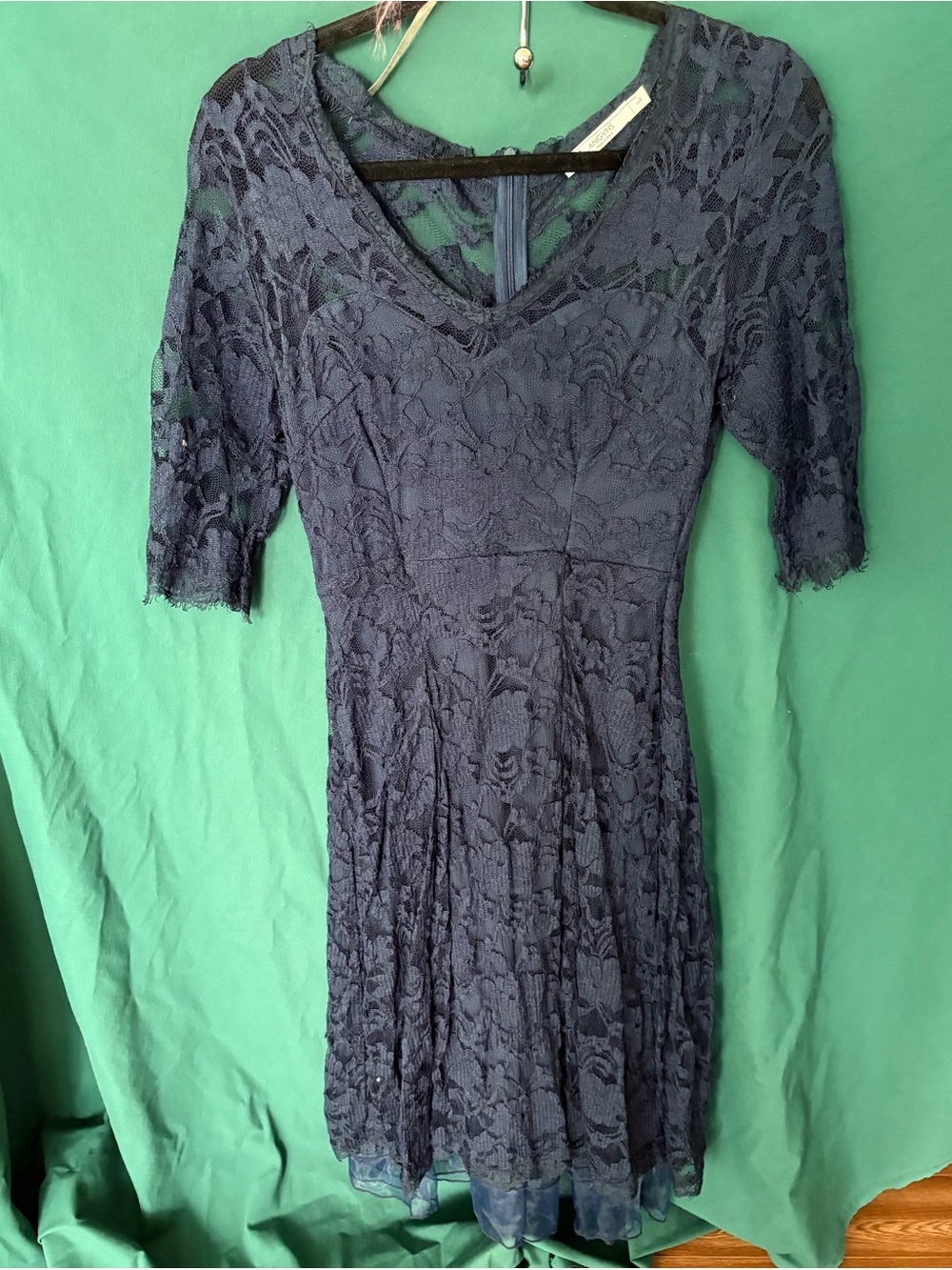 Lace V-Neck Midi Dress in Navy Blue
